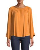 Pleated Bateau-neck Bell-sleeve Top