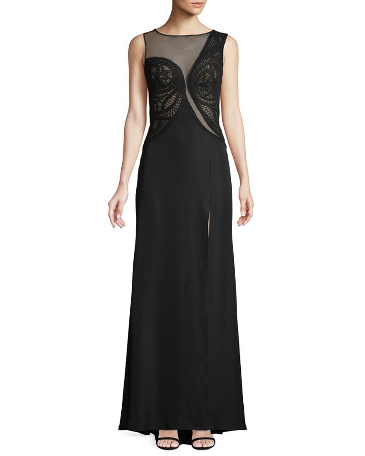 Crus Asymmetric Crochet Crepe Gown