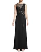 Crus Asymmetric Crochet Crepe Gown