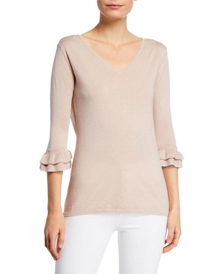 Cashmere & Metallic Trim V-neck 3/4 Ruffle-sleeve