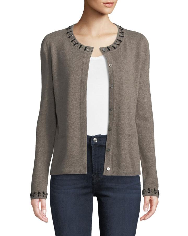 Cashmere Rhinestone-neck Cardigan