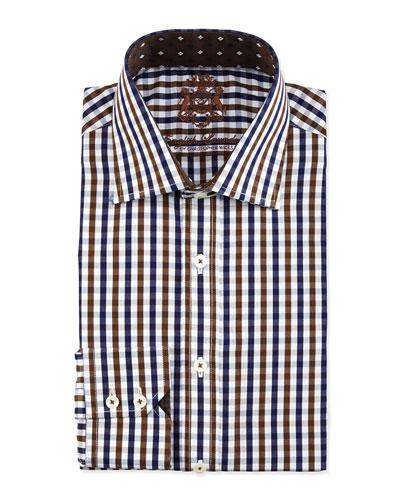 Gingham Cotton Dress Shirt, Navy Blue/brown