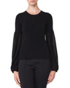 Round-neck Chiffon-sleeve Knit Cashmere-blend Blouse
