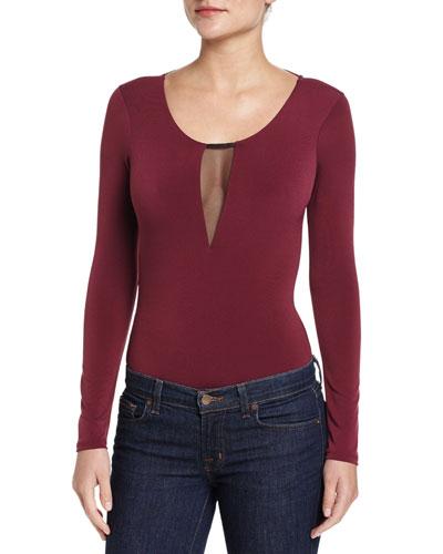 Mesh-panel Long-sleeve Bodysuit, Deep