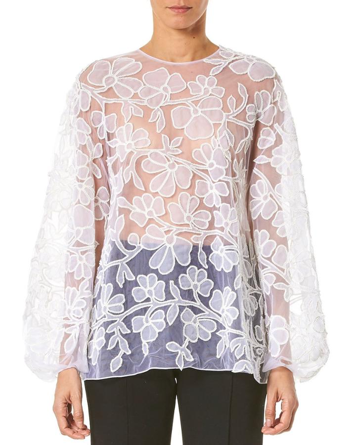 Embroidered-lace Puff-sleeve Blouse