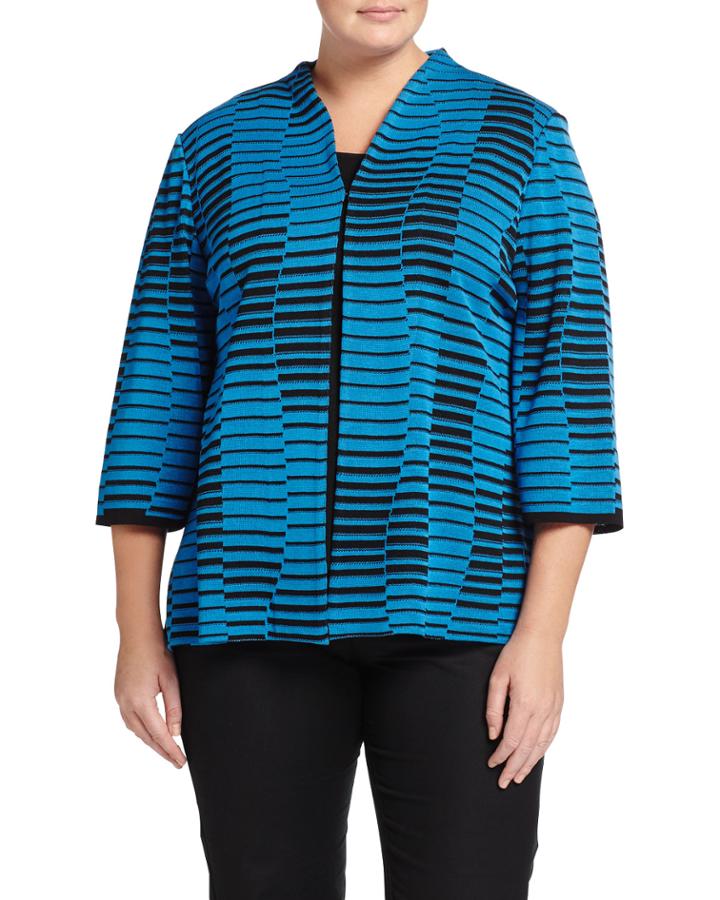 Ming Wang Plus Mixed-stripe Stand-collar Jacket, Blue/black, Women's,