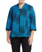 Ming Wang Plus Mixed-stripe Stand-collar Jacket, Blue/black, Women's,