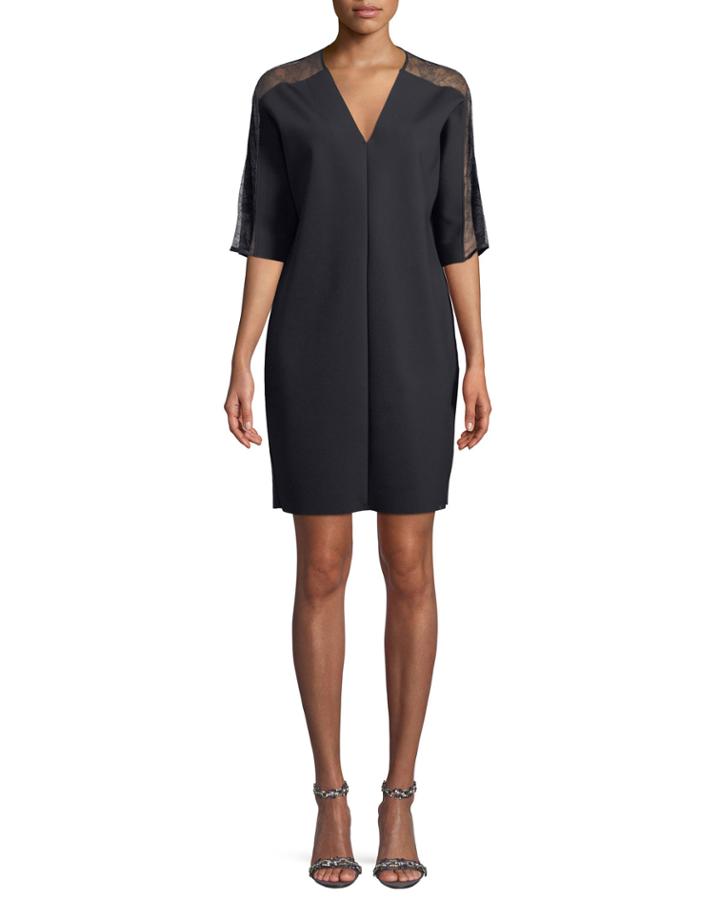 V-neck Elbow-sleeve Crepe Dress W/