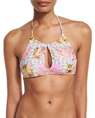Floral-print Keyhole-front Swim Top, White/pink