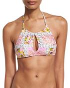Floral-print Keyhole-front Swim Top, White/pink