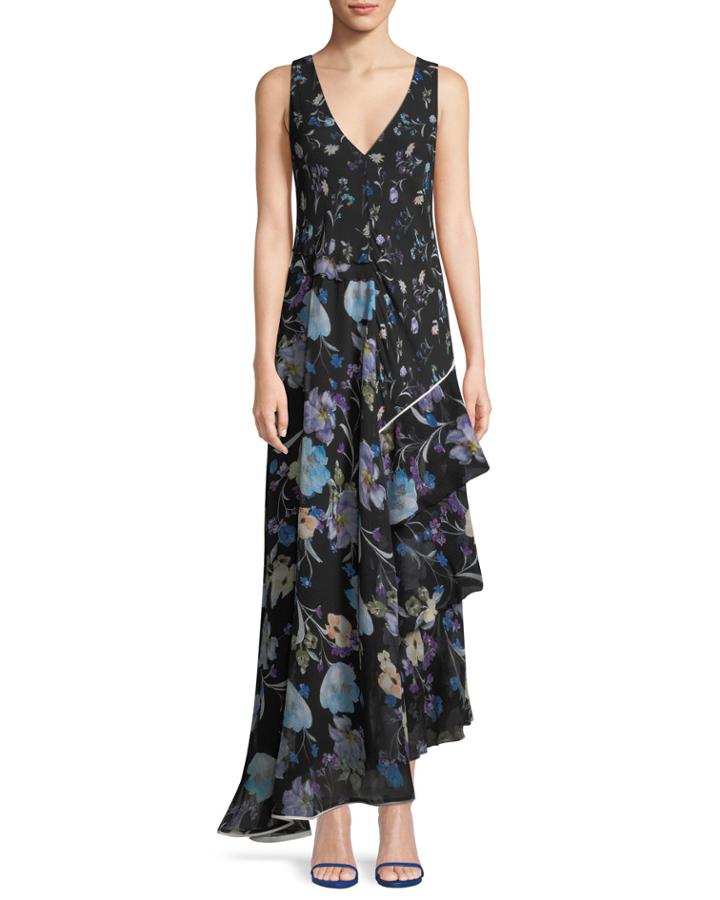 Sleeveless V-neck Floral-print Silk