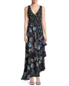 Sleeveless V-neck Floral-print Silk