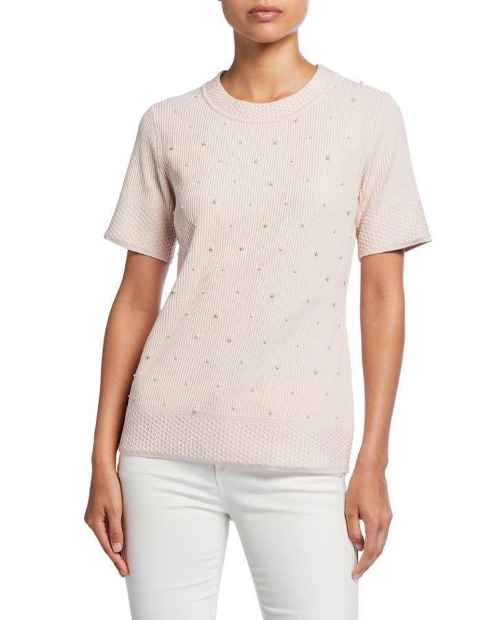 Textured Crewneck Sweater With Pearl Beads
