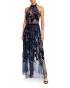 Myranda Sheer Tulle Halter Dress With Velvet Embroidery
