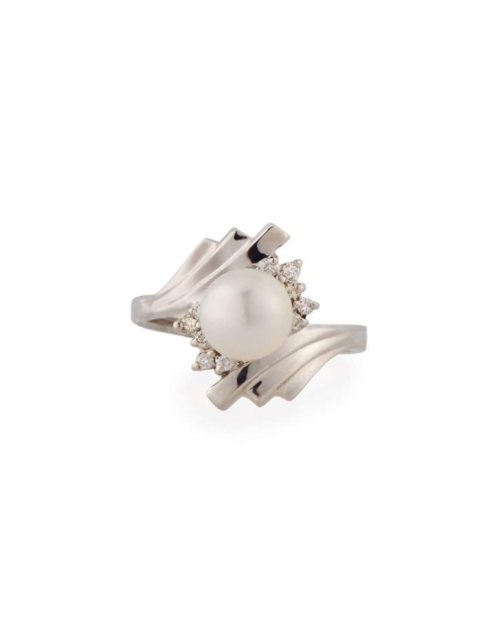 Fluted Freshwater Pearl & Diamond Ring In 14k White Gold,