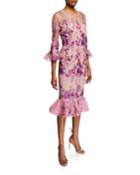 Floral Embroidered Trumpet-sleeve Dress W/ Flounce Hem