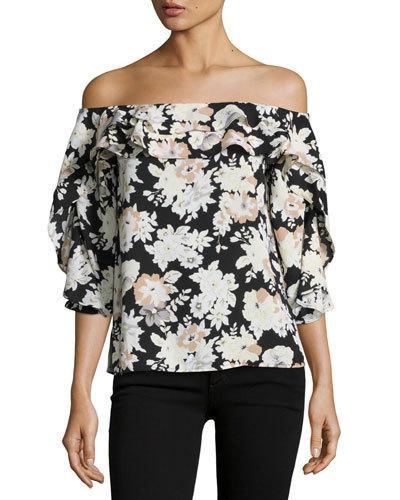 Off-the-shoulder Floral Top, Black/white