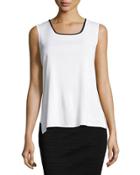 Contrast-trim Scoop-neck Knit Tank, White/black