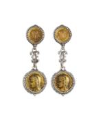 Silver And Bronze Double-drop Coin Earrings