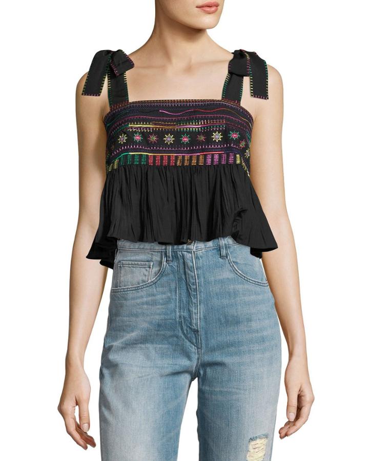 Jools Ruffle Embroidered Crop Top, Black