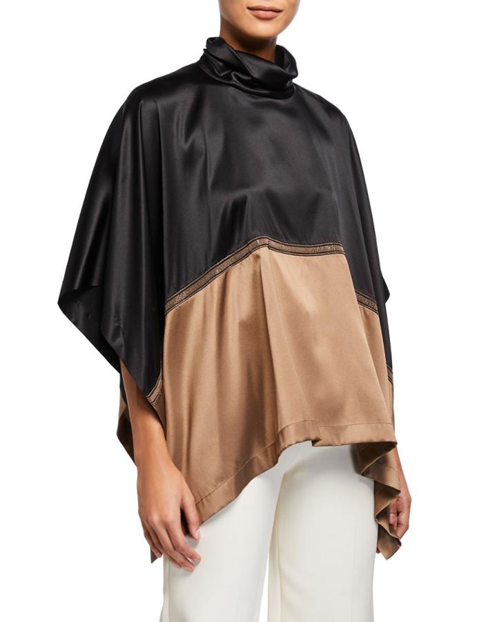 Two Tone Elbow-sleeve Satin Turtleneck Top W/