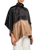 Two Tone Elbow-sleeve Satin Turtleneck Top W/