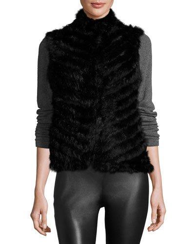 Diagonal-knit Fur Vest, Black,