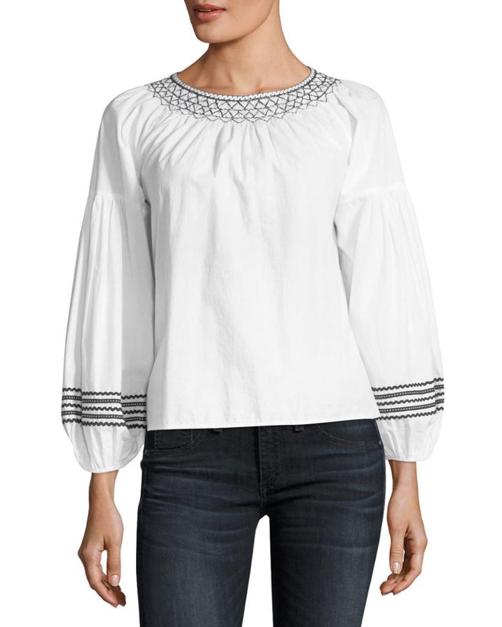 Ghada Round-neck Poplin Top With Embroidery