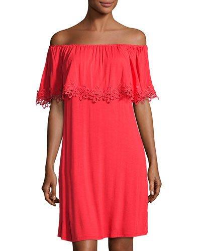 Lace-trim Off-the-shoulder Dress, Red