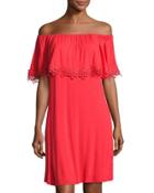 Lace-trim Off-the-shoulder Dress, Red