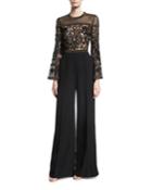Wide-leg Bell-sleeve Jumpsuit With Beaded Bodice, Black