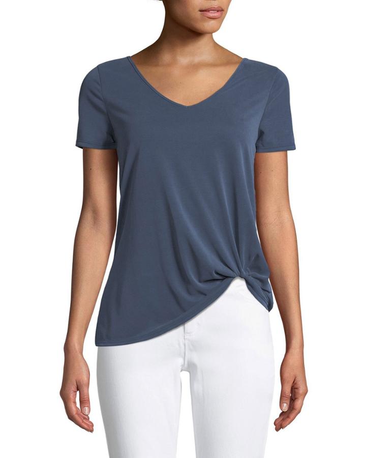 Short-sleeve V-neck Twisted-hem Tee