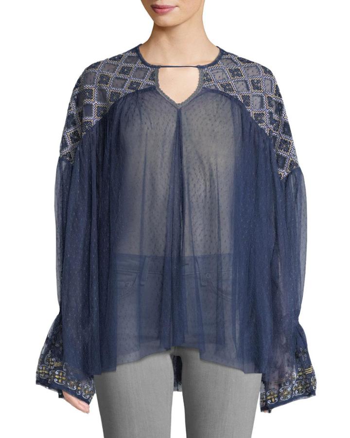 Embroidered Mesh Flare-sleeve Blouse