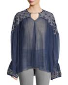 Embroidered Mesh Flare-sleeve Blouse
