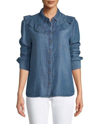 Pixie Ruffle-yoke Chambray Button-front Blouse