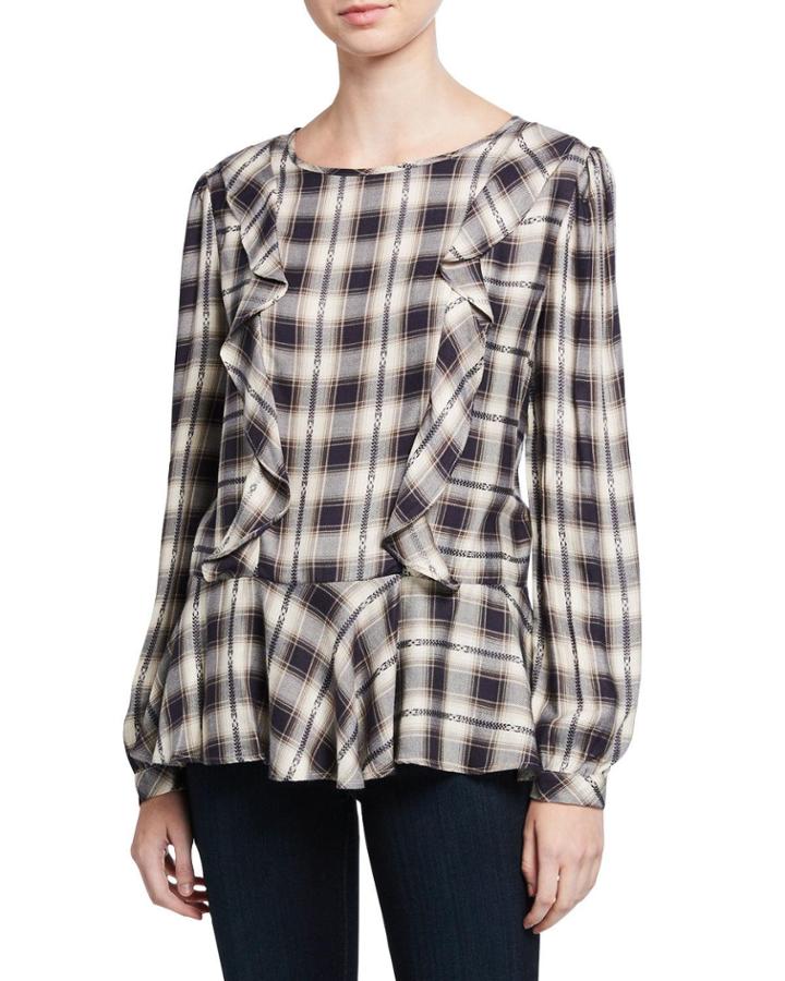Long-sleeve Plaid Jacquard Blouse
