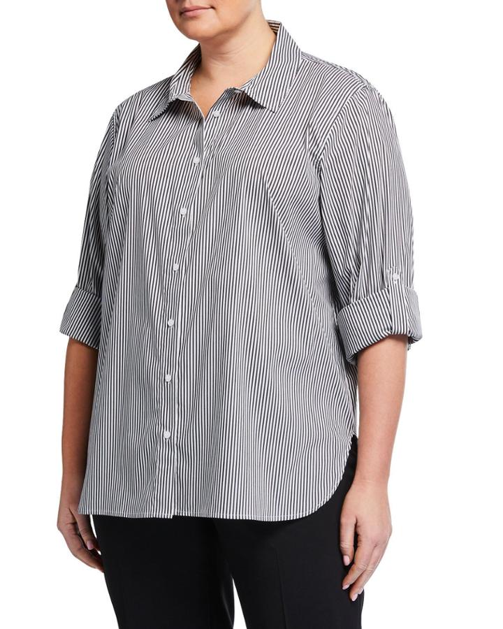 Plus Size Striped Button-front Boyfriend Tunic