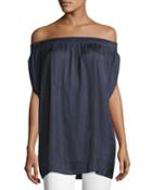 Off-the-shoulder Slit-sleeve Satin Top, Navy