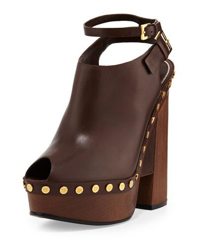 Calfskin Platform Clog Sandal, Caramel
