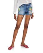 High-waist Embroidered Shorts W/ Frayed Hem
