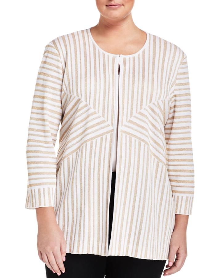 Misook Metallic-stripe Hook-front Jacket, White/gold, Women's,