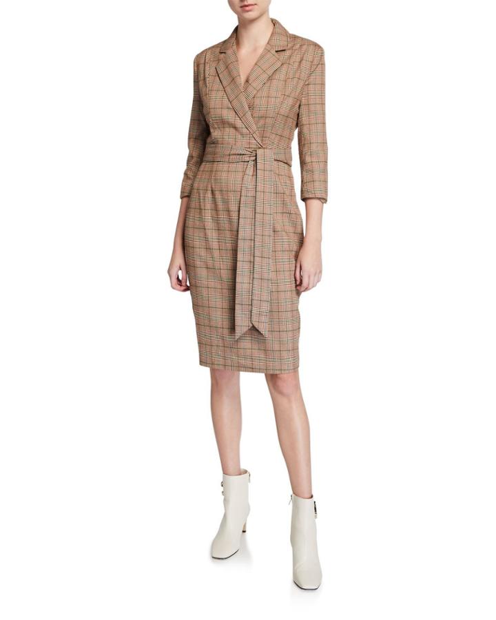 3/4-sleeve Plaid Sheath Dress W/ Waist Tie