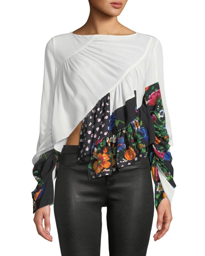 Patchwork Ruffle Silk Handkerchief Blouse