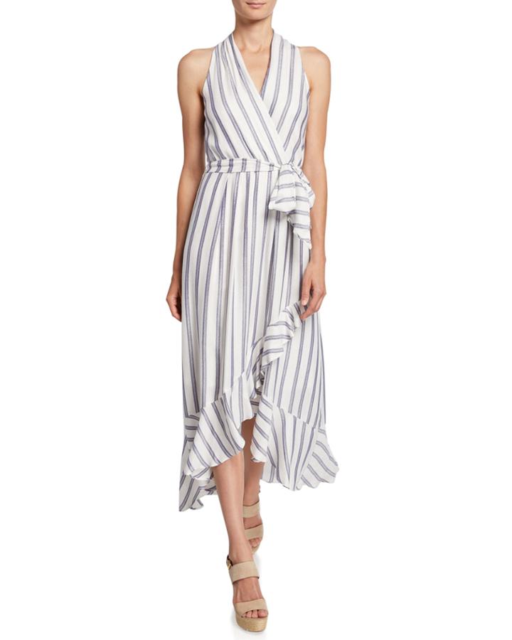 Halter Striped High-low Ruffle Maxi Wrap Dress