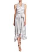 Halter Striped High-low Ruffle Maxi Wrap Dress