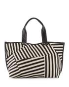 Modern Faux-leather-trim Striped Tote Bag, Black/white