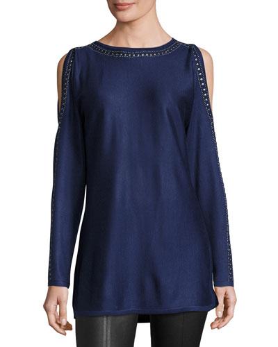 Embellished-trim Cold-shoulder Tunic, Blue