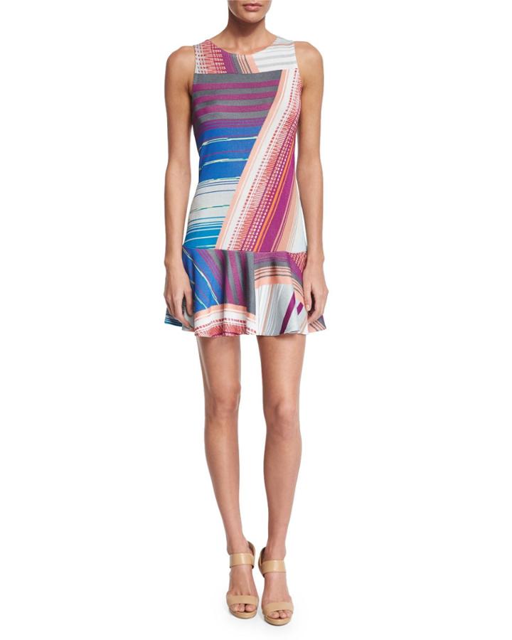 Sleeveless Striped Intarsia Dress, Gray/blue/orange/magenta