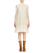 Long-sleeve Smocked Silk Dress, Off White