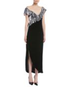 Illusion-neck Sequin-ruffle Tea-length Velvet Cocktail Dress